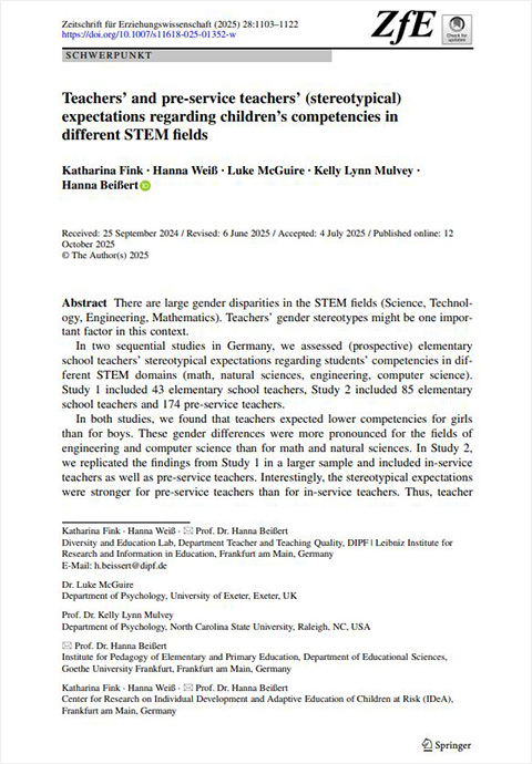 Bild für Teachers’ and pre-service teachers’ (stereotypical) expectations regarding children’s competencies in different STEM fields