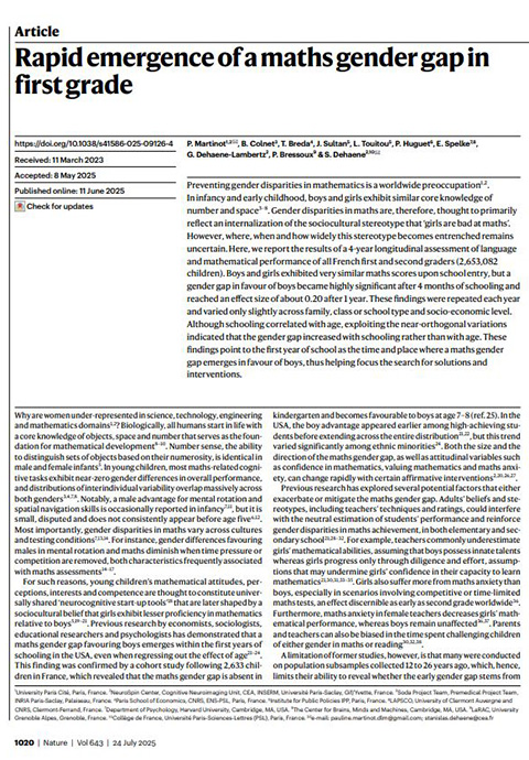 Bild für Rapid emergence of a maths gender gap in first grade