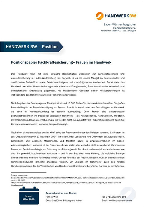 Bild für Positionspapier Fachkräftesicherung– Frauen im Handwerk