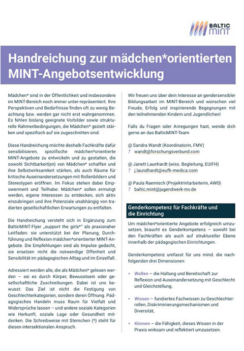 Bild für Handreichung zur mädchen*orientierten  MINT-Angebotsentwicklung
