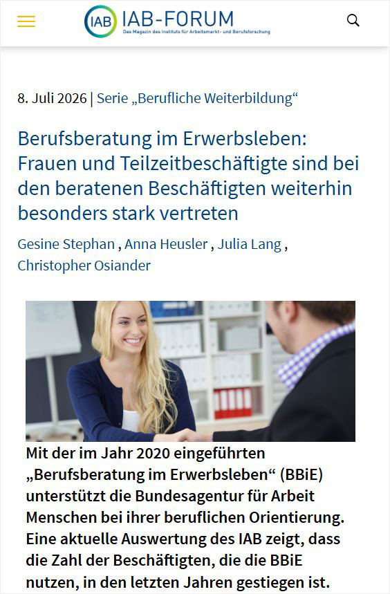 Bild für Berufsberatung im Erwerbsleben: Frauen und Teilzeitbeschäftigte sind bei den beratenen Beschäftigten weiterhin besonders stark vertreten